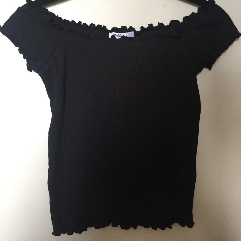 black off the shoulder top with lettuce trim